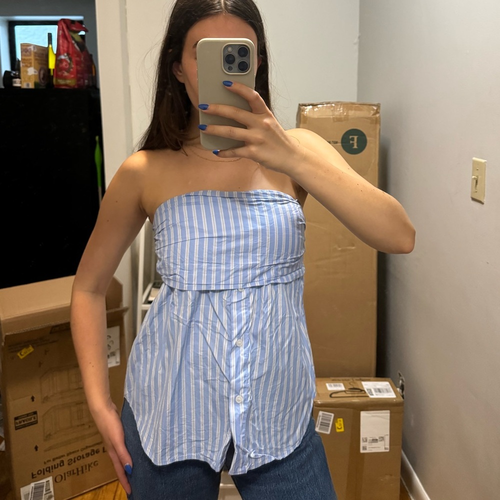 ZARA Blue & White Stripped Strapless Top